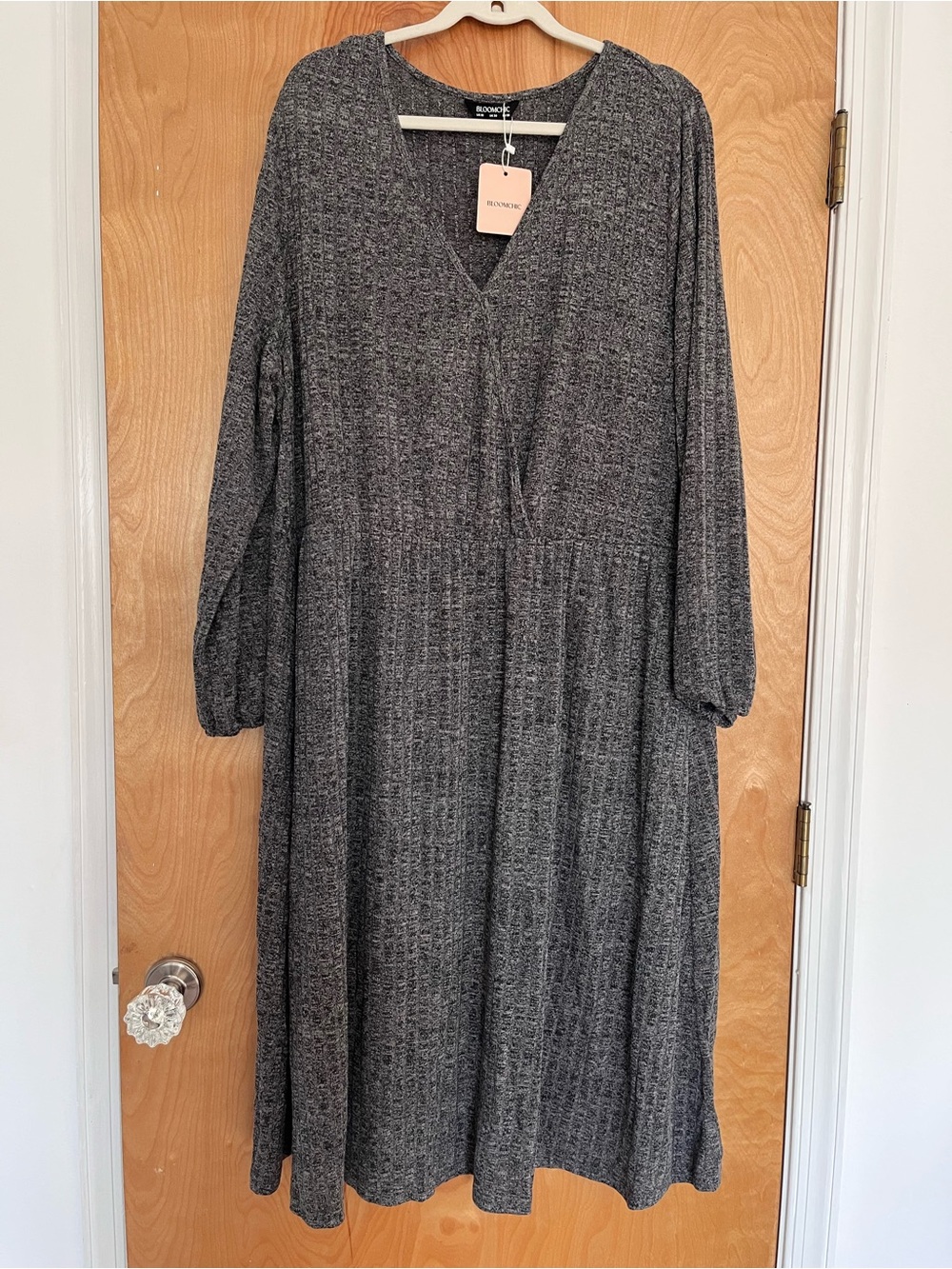 BloomChic Gray Ribbed Knit Dress - V-Neck